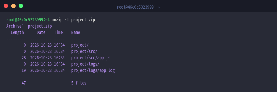 unzip -l project.zip