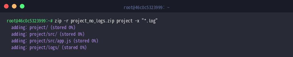 zip -r project_no_logs.zip project -x “*.log”