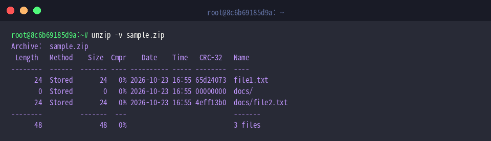 Melihat rincian metadata arsip dengan opsi -v