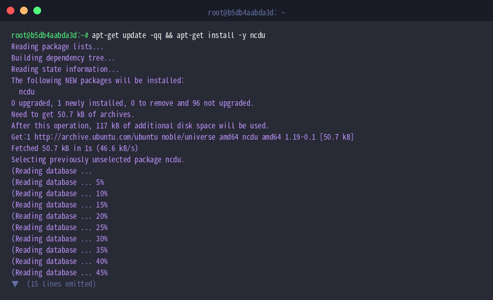 apt-get update -qq && apt-get install -y ncdu