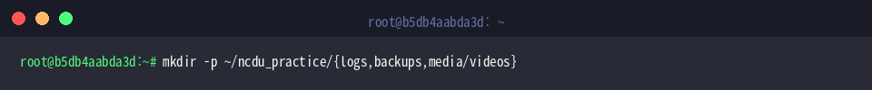 mkdir -p ~/ncdu_practice/{logs,backups,media/videos}