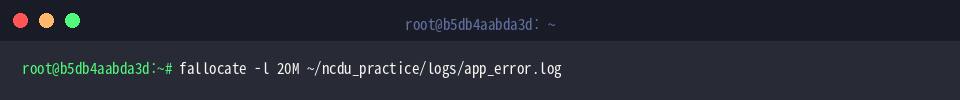 fallocate -l 20M ~/ncdu_practice/logs/app_error.log