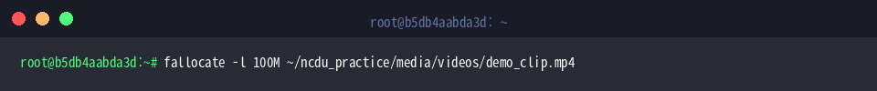 fallocate -l 100M ~/ncdu_practice/media/videos/demo_clip.mp4