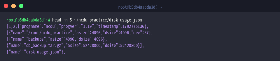 head -n 5 ~/ncdu_practice/disk_usage.json