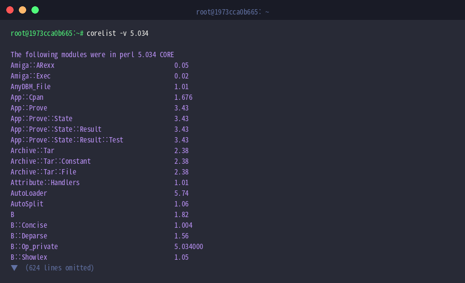 عرض قائمة الحزم المضمنة في Perl 5.034