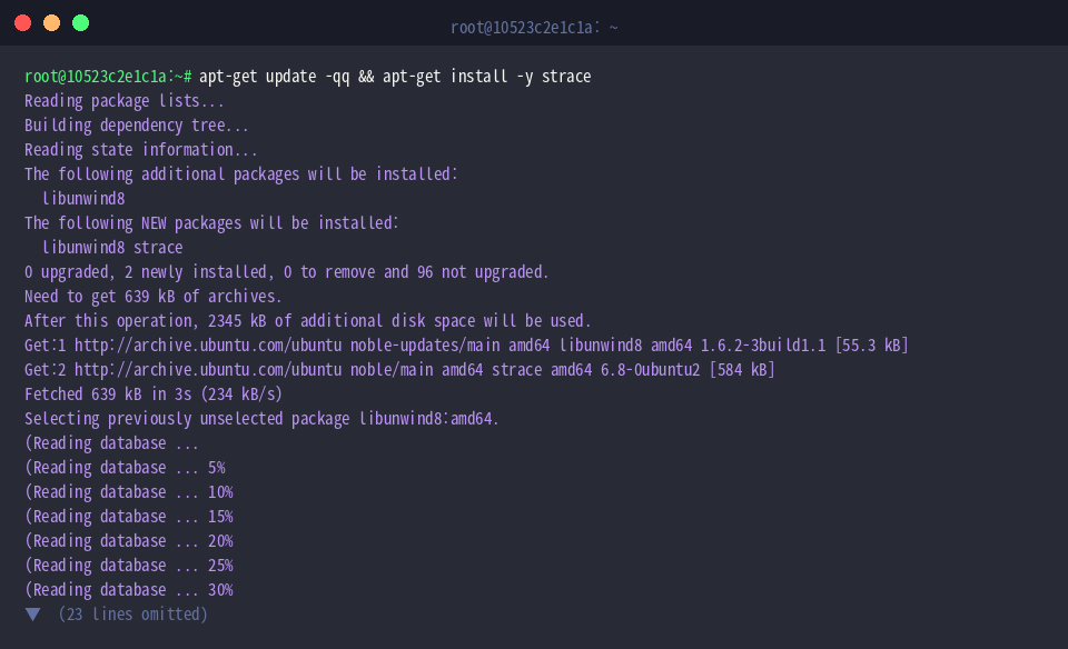 Installation von strace über den Paketmanager apt