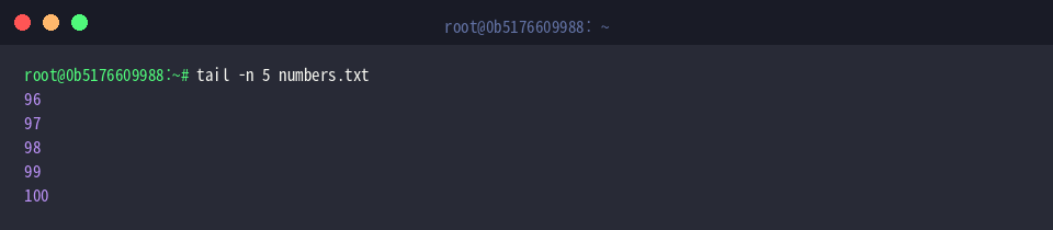 tail -n 5 numbers.txt