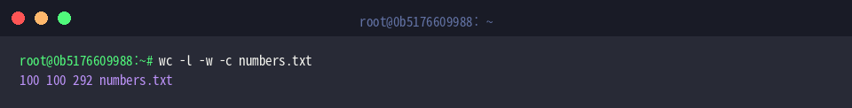 wc -l -w -c numbers.txt