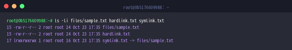 ls -li files/sample.txt hardlink.txt symlink.txt