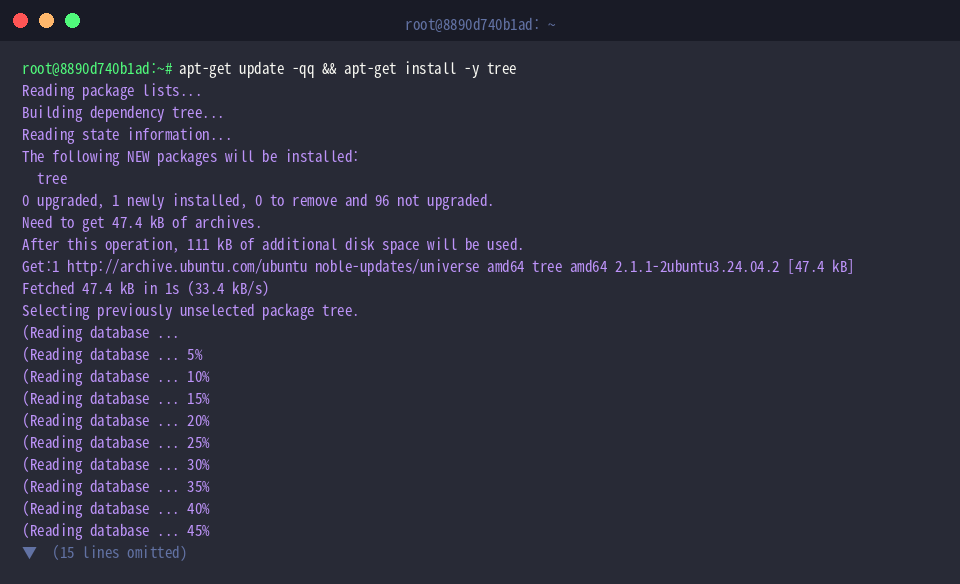 apt-get update -qq && apt-get install -y tree