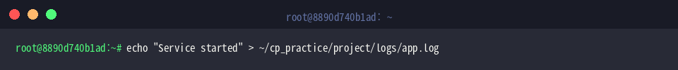echo &ldquo;Service started&rdquo; > ~/cp_practice/project/logs/app.log