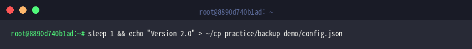sleep 1 && echo &ldquo;Version 2.0&rdquo; > ~/cp_practice/backup_demo/config.json