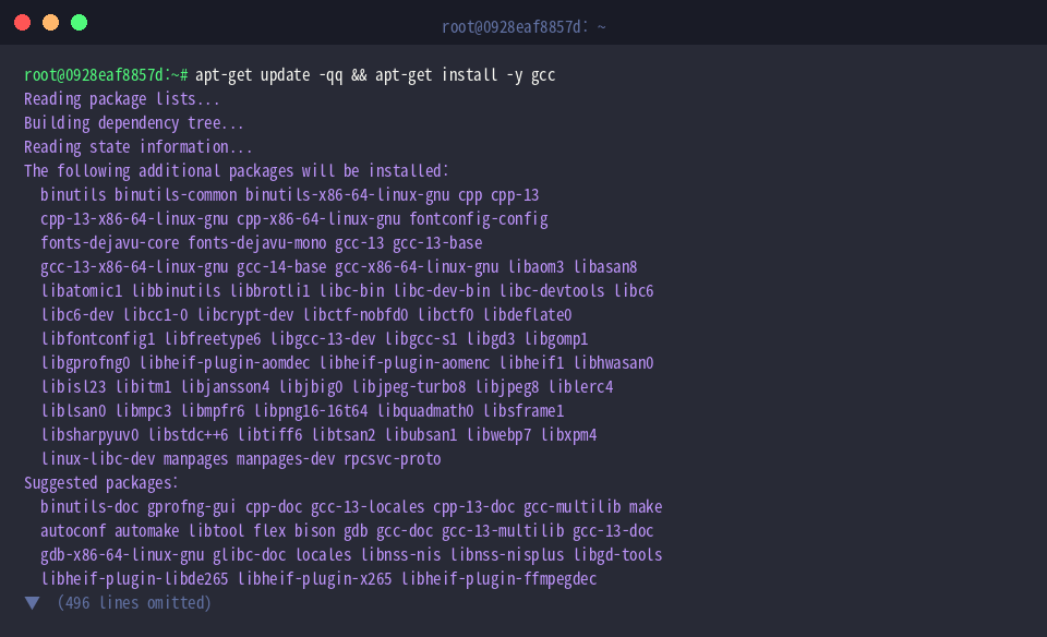 apt-get update -qq && apt-get install -y gcc