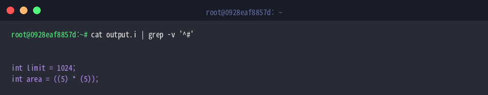 cat output.i | grep -v ‘^#’