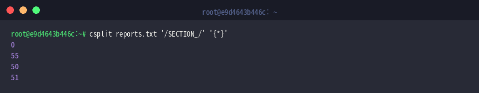 csplit reports.txt ‘/SECTION_/’ ‘{*}’