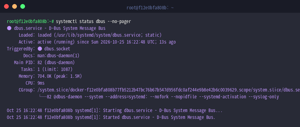 systemctl status dbus –no-pager