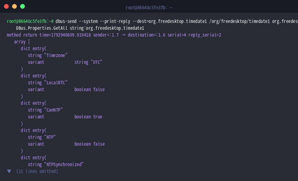 Dumping all time and date properties with dbus-send GetAll