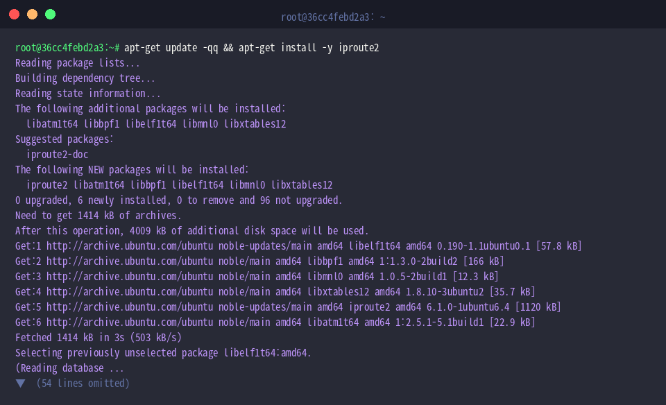 apt-get update -qq && apt-get install -y iproute2